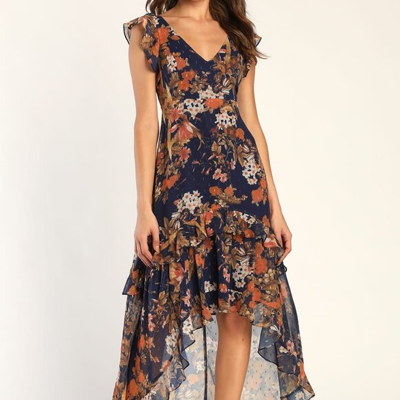Floral High-Low Maxi Dress - Elegant & Flowy | Ruffled Special Occasion - Picture 3 of 13